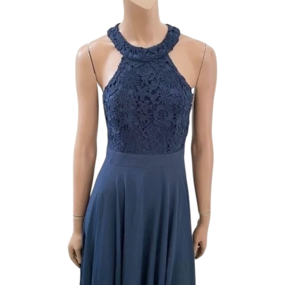 Lulu's Navy Blue Chiffon Lace Bodice Halter Gown NWT Sz L - Picture 8 of 14